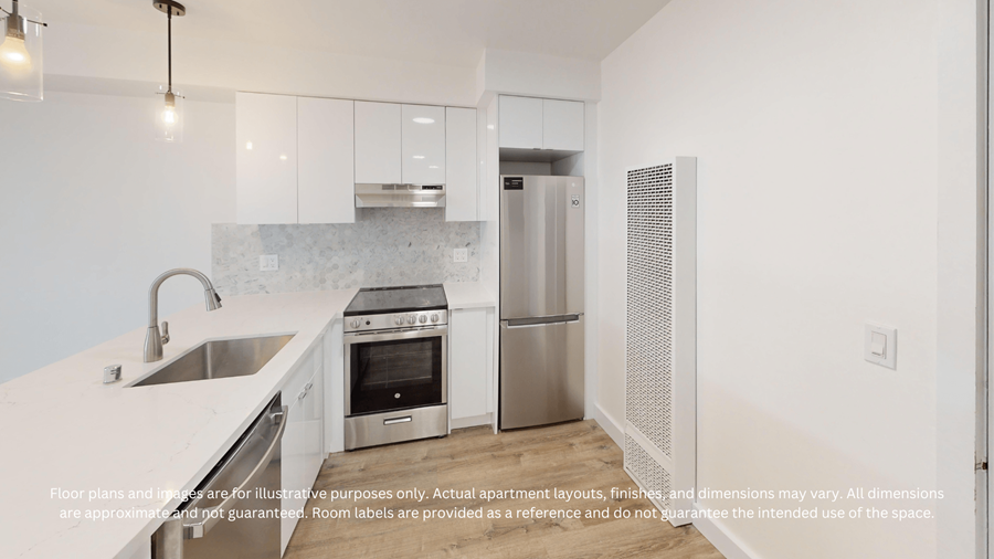 A modern kitchen with a stainless steel refrigerator, oven, and sink.